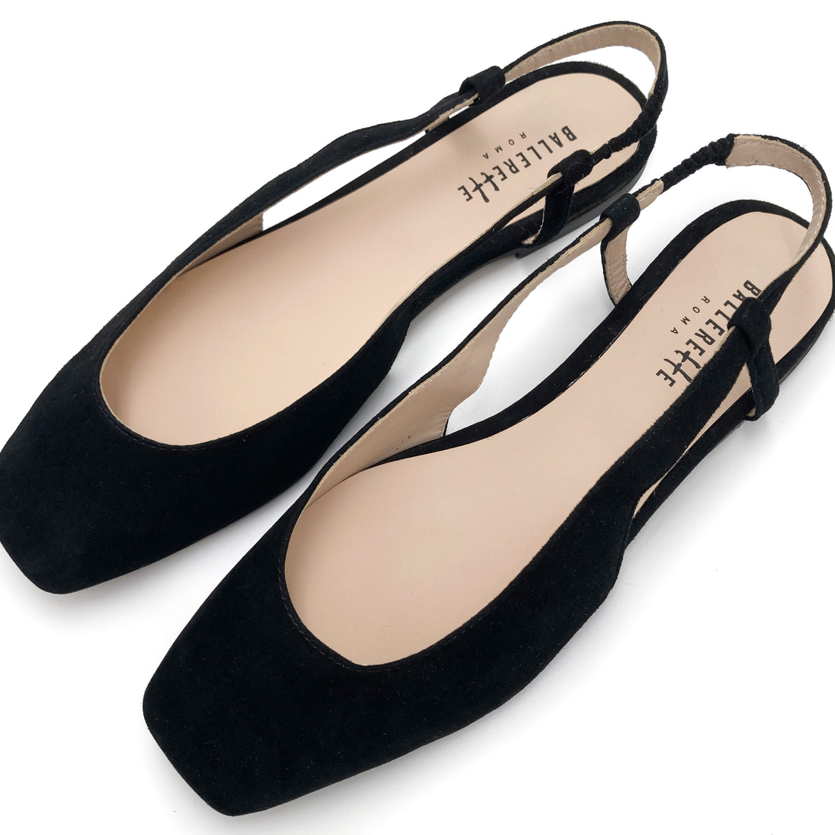 Schwarze Slingback Ballerinas aus Wildleder mit quadratischer Spitze