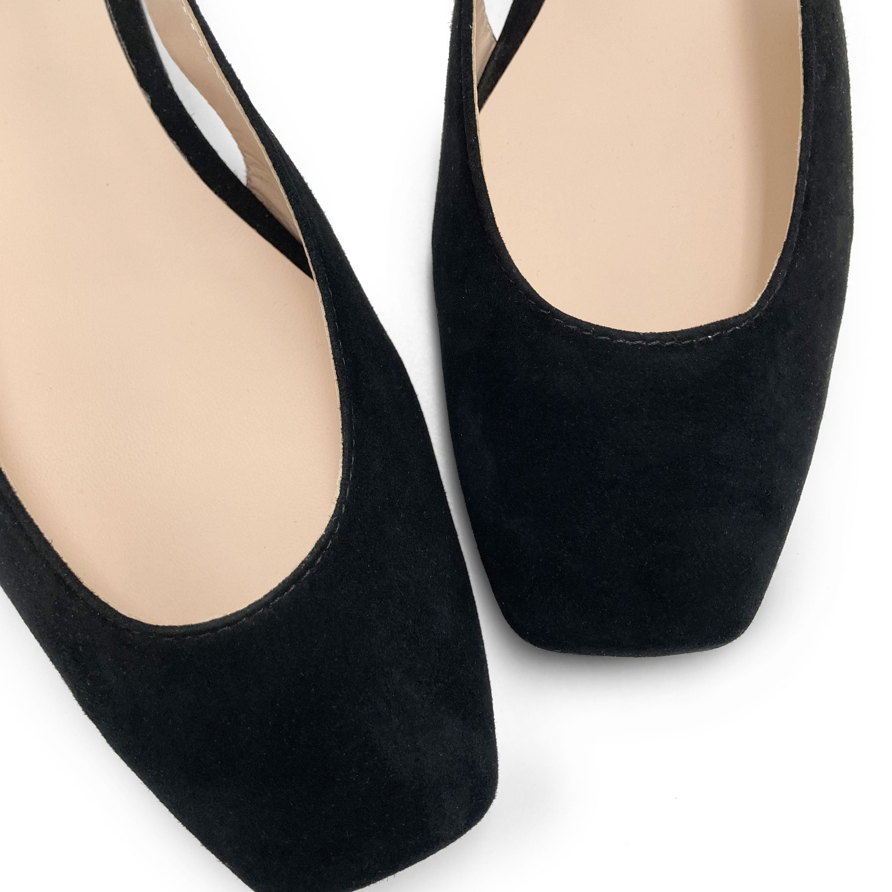 Schwarze Slingback Ballerinas aus Wildleder mit quadratischer Spitze