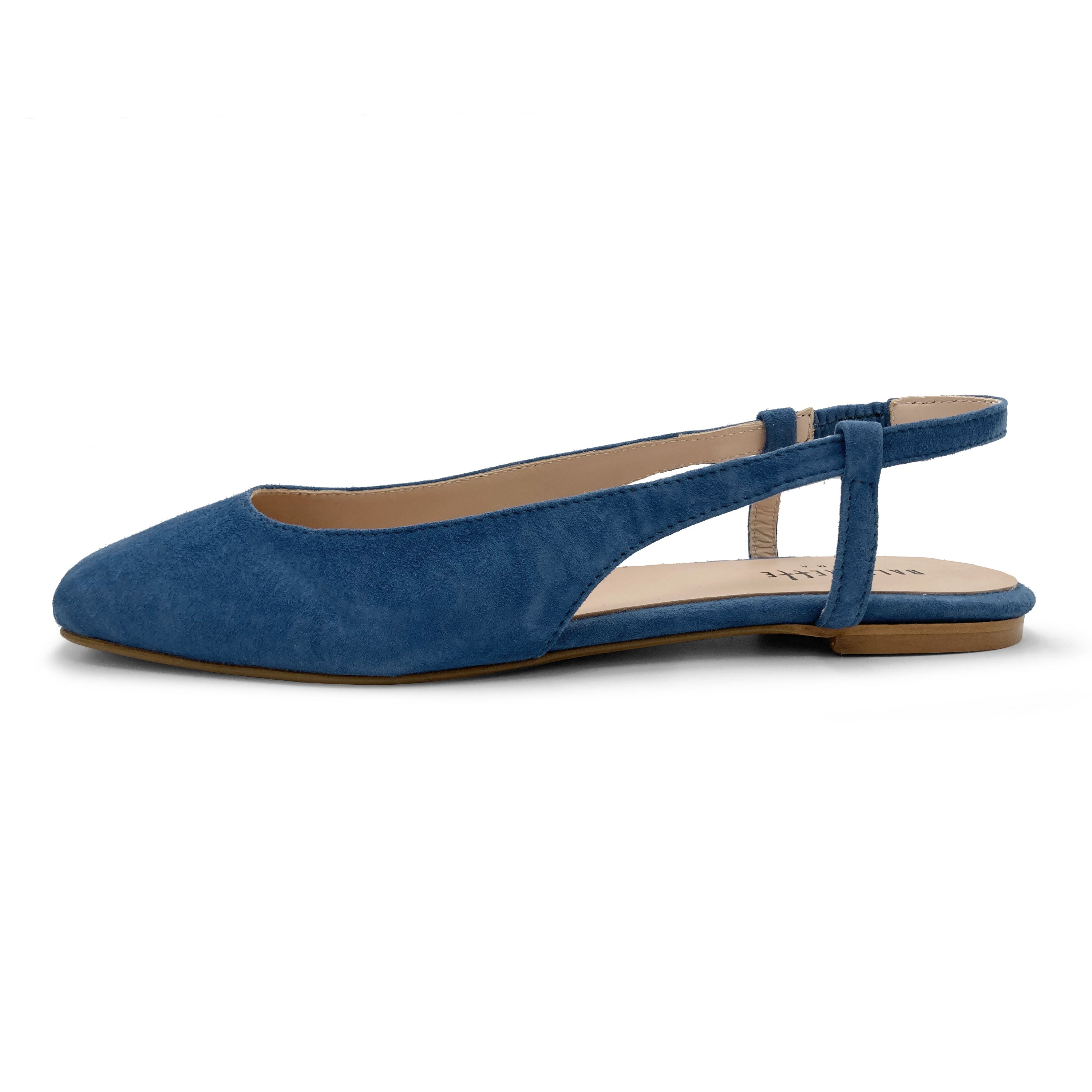 Ballerines slingback en daim bleu ceruleen à bout carré