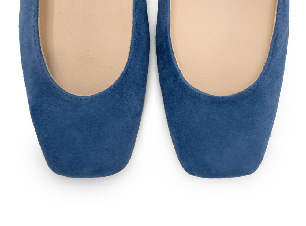 Cerulean blue suede square toe slingback ballet flats