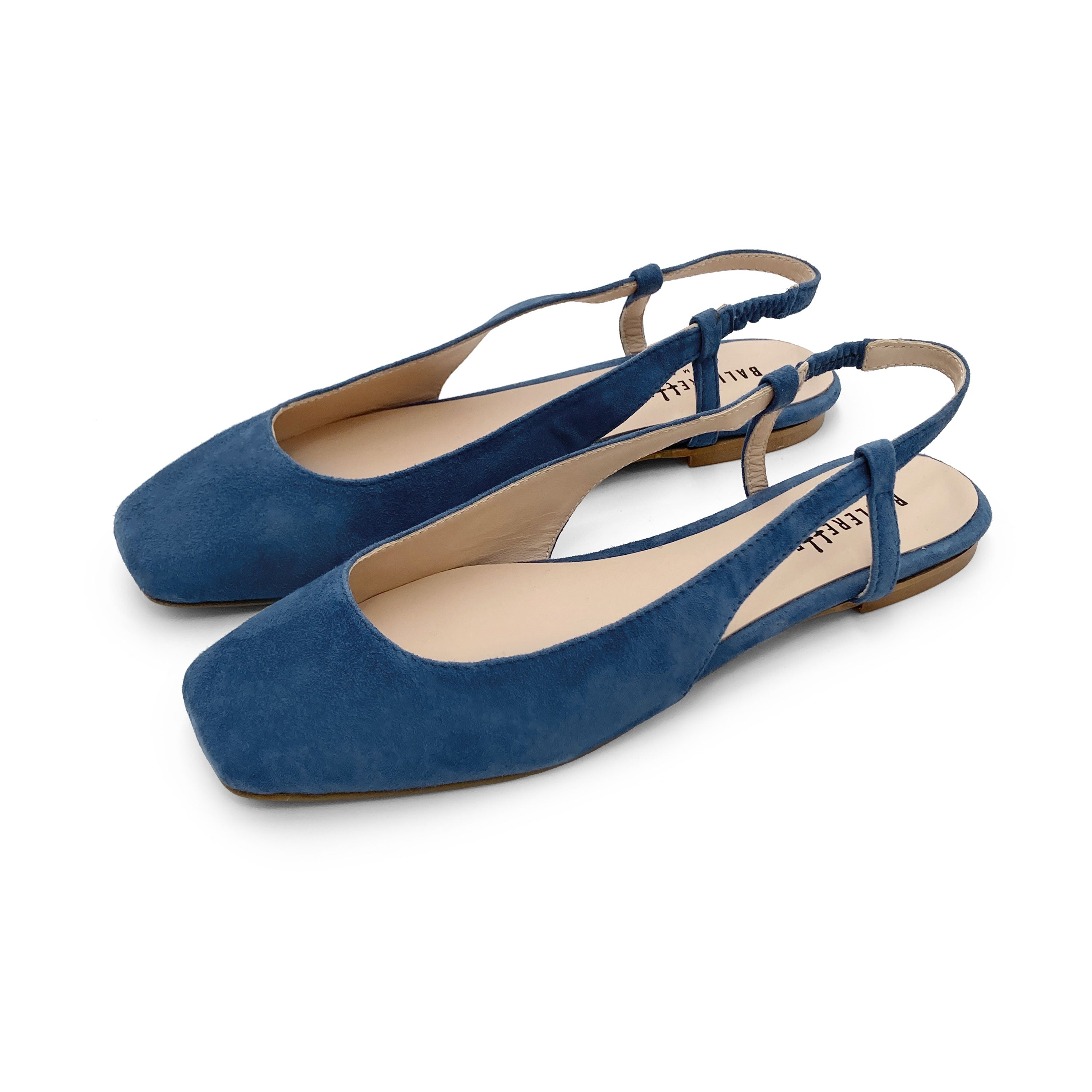 Ballerines slingback en daim bleu ceruleen à bout carré