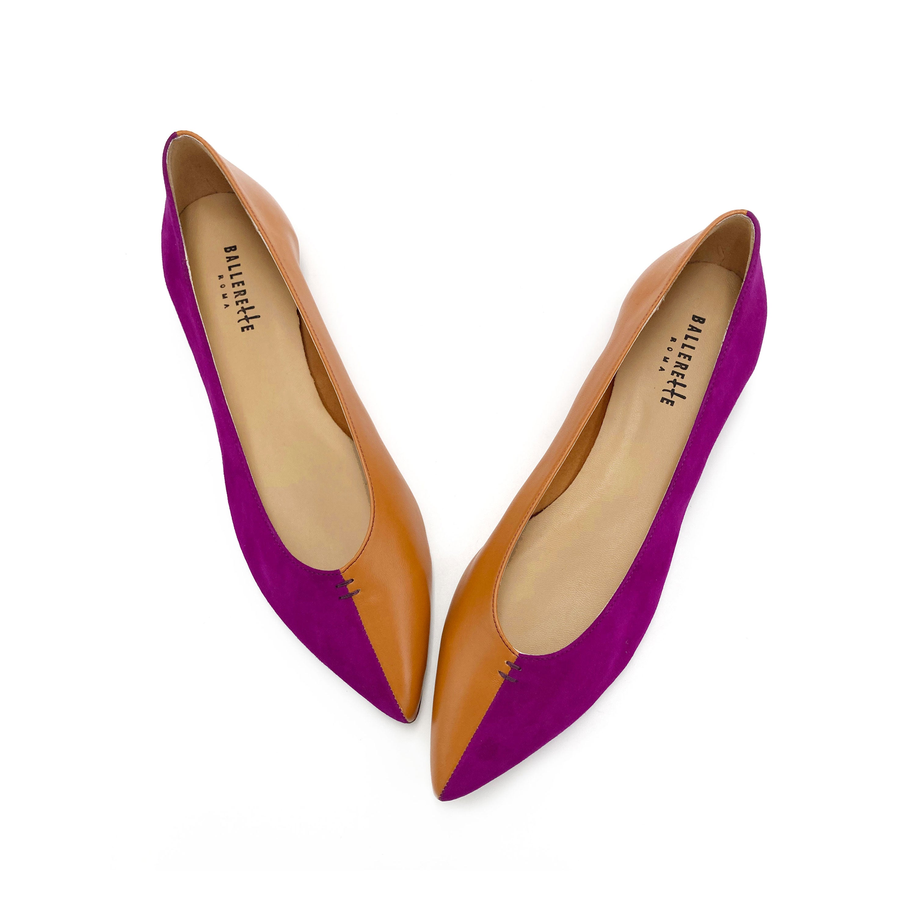 Ballerine a punta bicolor marrone e viola