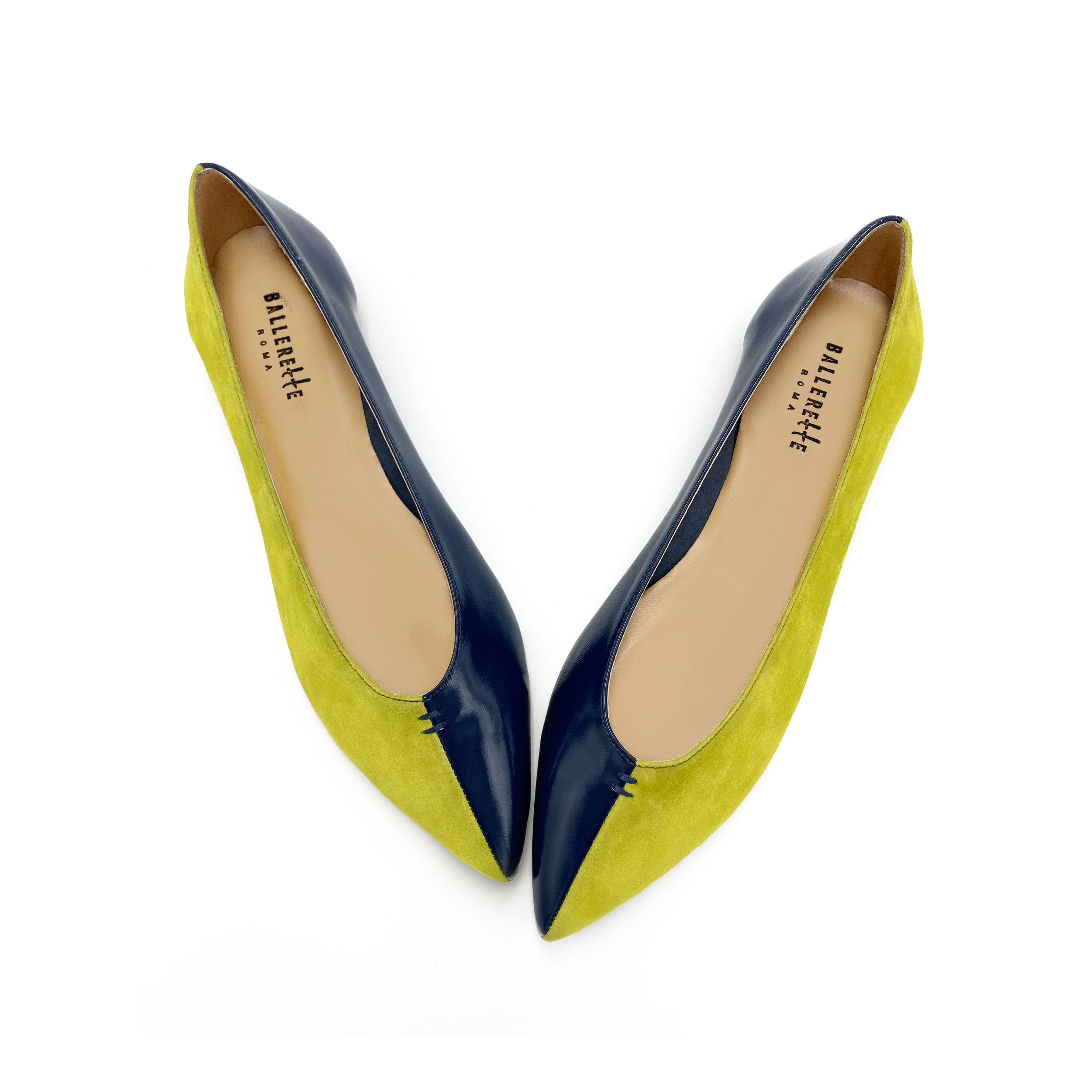 Ballerine a punta bicolor blu e lime